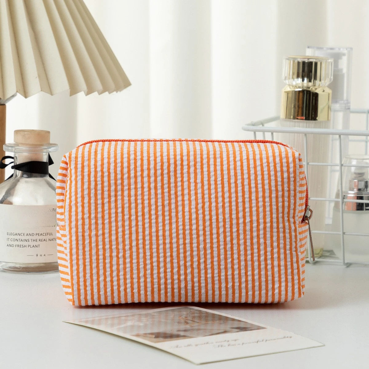 Stripe Seersucker Cosmetic Bag Fashion Women Cosmetic Bag Zipper Storage Makeup Case Traveling Pouch Organizer for Lady
