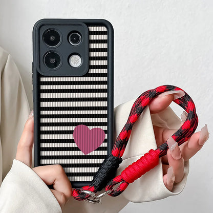 Phone Case For Xiaomi 14T 13T 15 Pro Poco X7 f6 m6 Redmi 14C Note 14 Pro Plus Stripe Love Heart Wrist Chain Strap Lanyard Cover