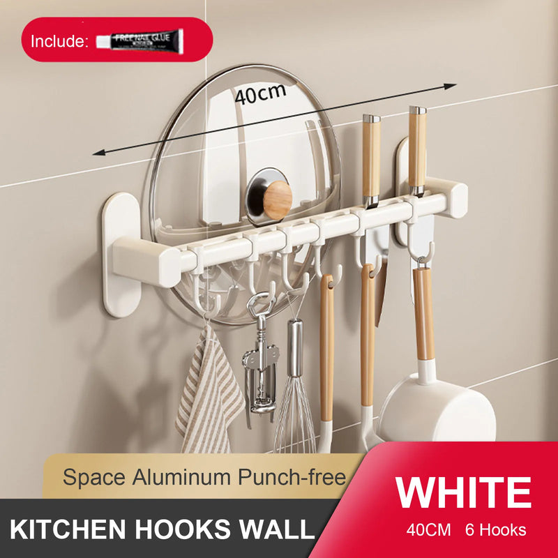 Wall Mounted Kitchen Hook Rack No-Punching Wall Hangers Rail Kitchen Utensils Rack Spoon Shovel Chopping Board Storage Rack