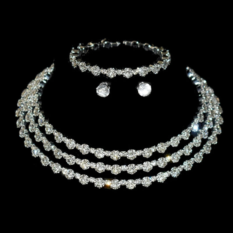 4-piece women's jewelry set with rhinestones, multi-layer collars, earrings, bracelets, wedding party accessories