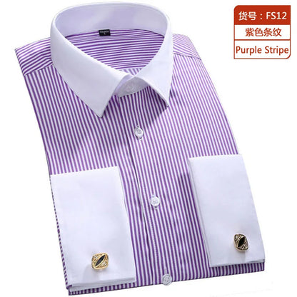Camisa clásica de vestir para hombre con puños franceses, corte estándar, manga larga, para bodas, fiestas, oficina, trabajo, color blanco
