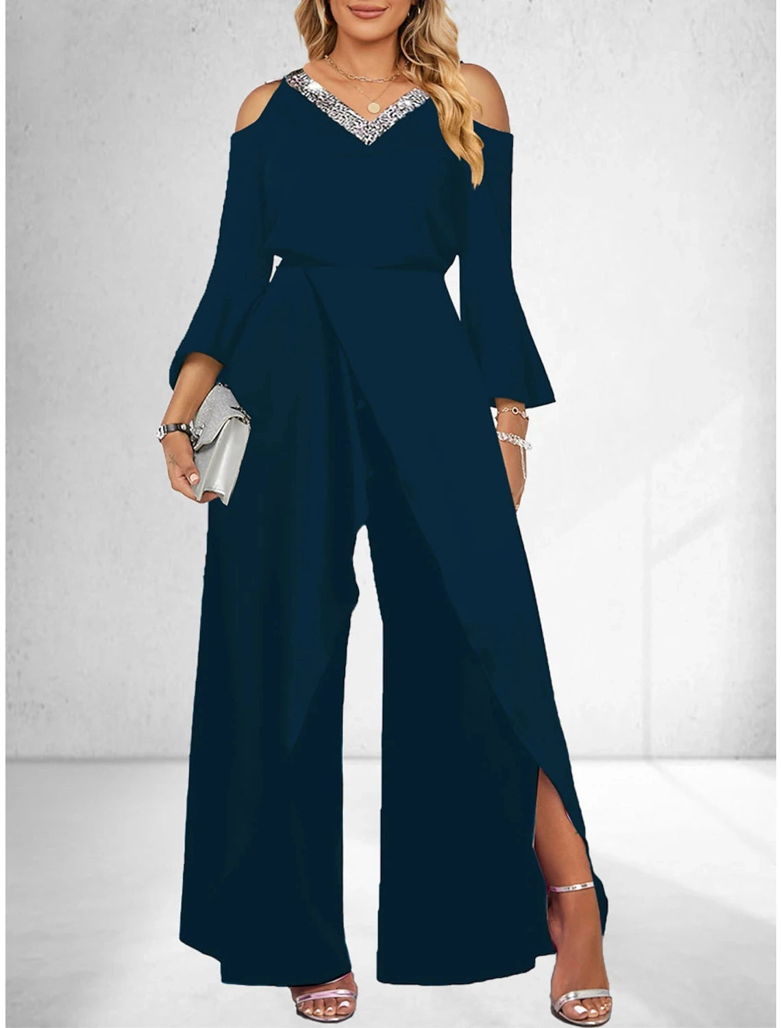 Mono elegante de mujer con escote en V liso y lentejuelas, pierna ancha y mangas acampanadas sueltas