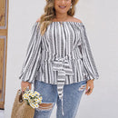 Fairyshely 2025 Spring Stripe Print Plus Size Top Women Long Sleeve Large Pullover T-shirt Lady Off Shoulder Casual Curvy Tops