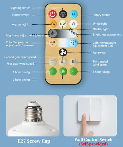 E27 Screw Head LED Fan Light Remote Control Three Color Dimming Detachable Fan Leaf for Kitchen Bedroom Smart Silent Use 85-265V