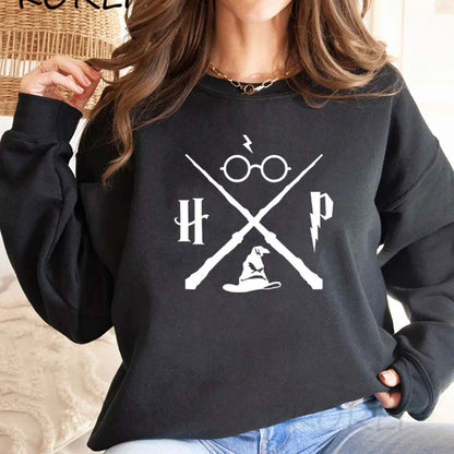Sudadera con sombrero de mago, sudadera con varita de mago, jerséis HP, sudaderas con capucha gráficas unisex de manga larga, sudaderas de escuela de magia, ropa de calle, top