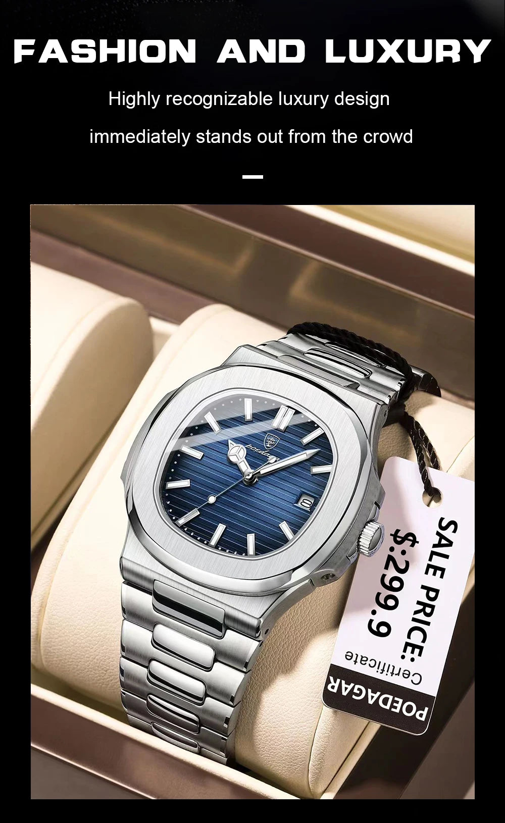 POEDAGAR Square Luxury Men Wristwatch Waterproof Luminous Date Stainless Steel Male Clock Business Sports Quartz Watches For Men