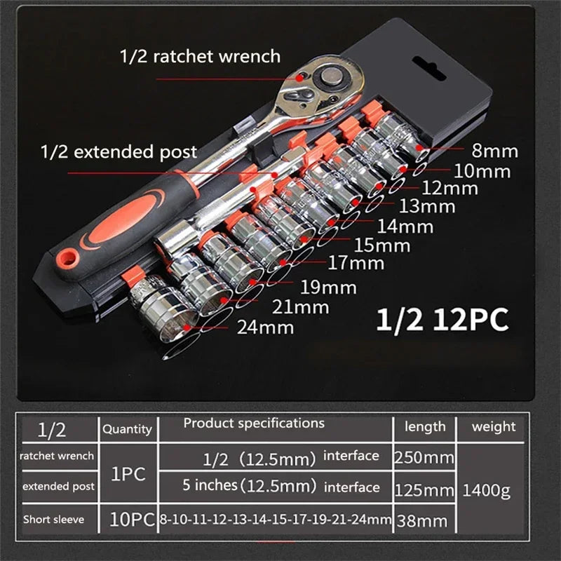 12pcs Socket Ratchet Handle Wrench Set 1/4 3/8 1/2 Spanner Kit With Extension Rod and 10 Common Sockets Car Repair Hand Tools