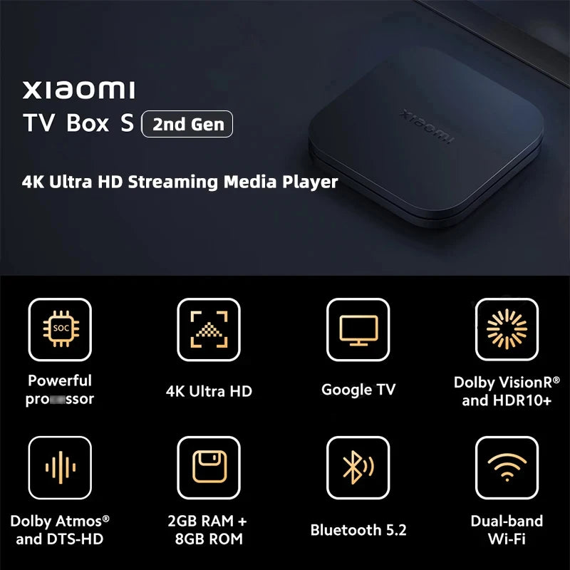 Global Version Xiaomi Mi TV Box S 2nd Gen 4K Ultra HD Google TV 2GB 8GB Dolby Vision Google Assistant Netflix Wifi Media Player