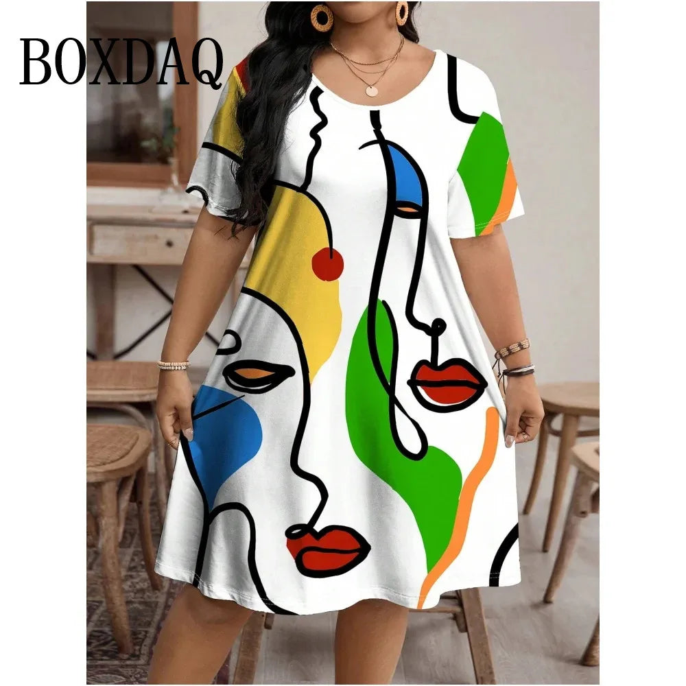 2024 moda feminina vestido pintado arte rosto streetwear padrão impressão vestido de verão casual manga curta vestidos soltos plus size 9xl