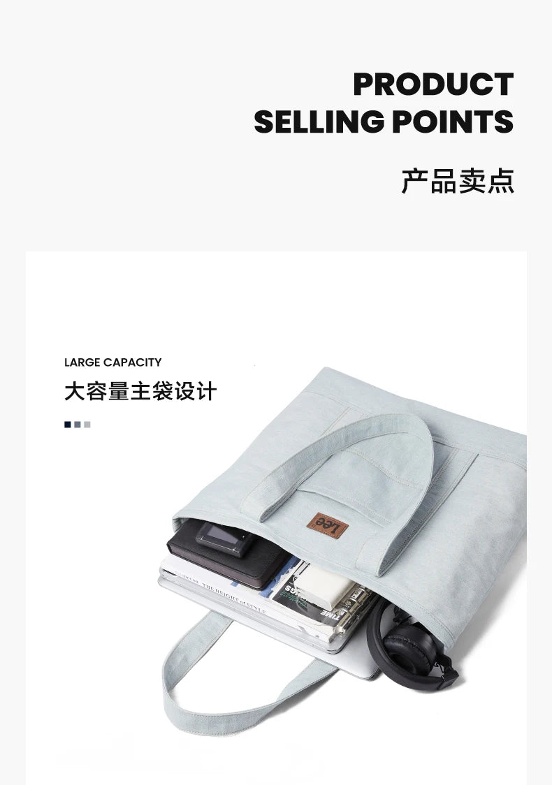 LEE Unisex Utility Canvas Leather Zipper Tote Bag Casual Denim Daily Shopping Handbag Women Men Durable Student School Book Bag
