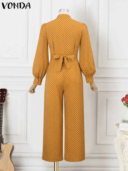 Plus Size 5XL VONDA Elegant Jumpsuist Women 2024 Autumn Polka Dot Rompers Long Lantern Sleeve Casual Long Overalls Playsuits