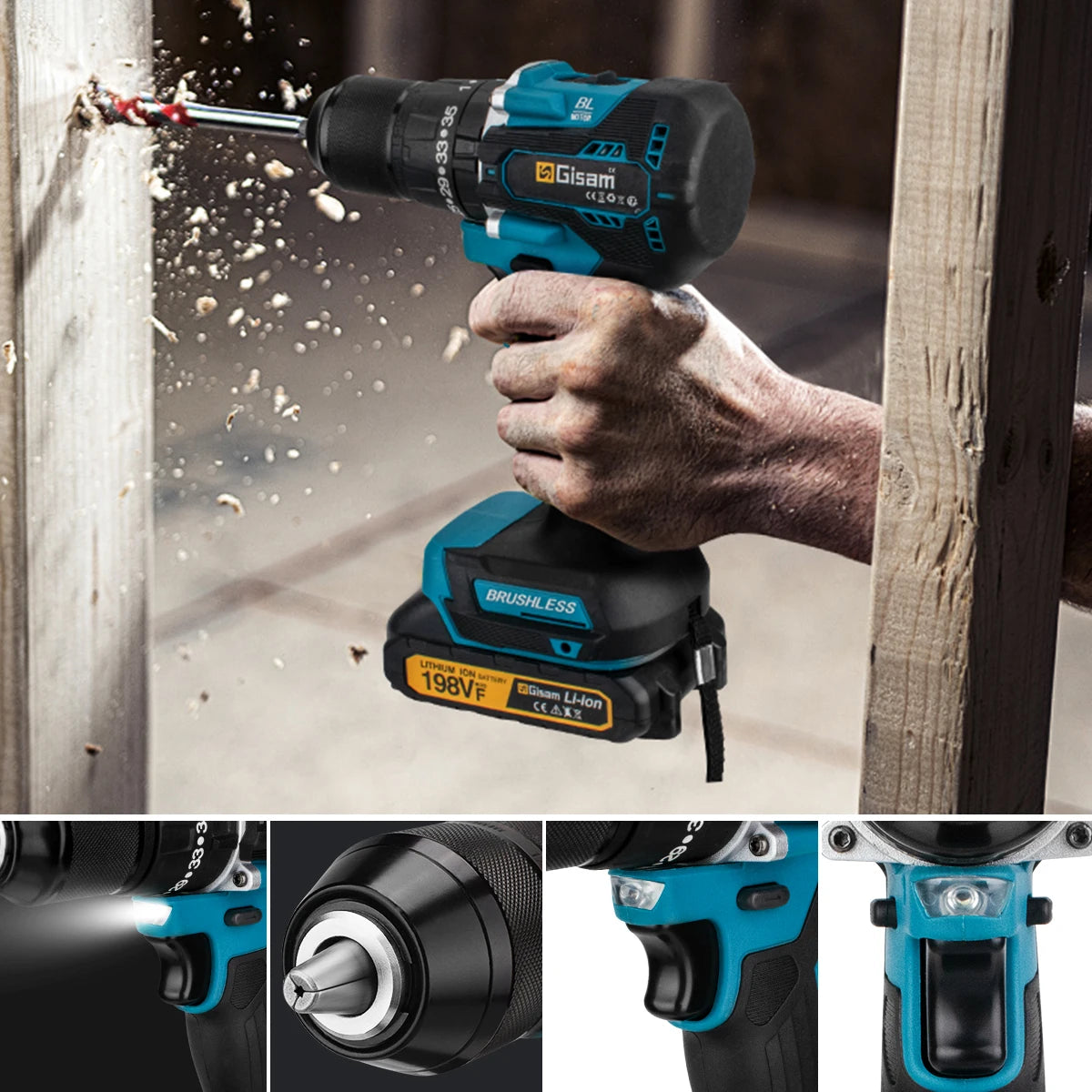 Gisam 65N.m 13MM 35+3 Torque Brushless Electric Impact Drill Cordless Electric Screwdriver Power Tool For Makita 18V Battery Pin