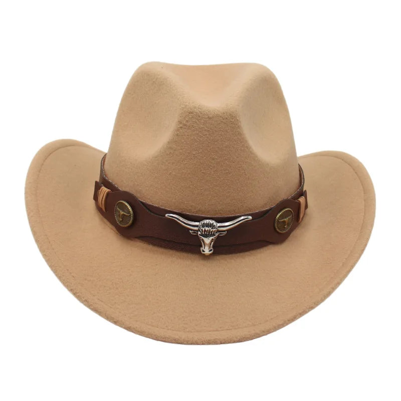 Classic Cattleman Cowboy Hat Retro Bull Head Studded Leather Band Felt Hat Unisex Western Party Cosplay Hat Wide Brim Fedora