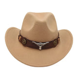 Classic Cattleman Cowboy Hat Retro Bull Head Studded Leather Band Felt Hat Unisex Western Party Cosplay Hat Wide Brim Fedora