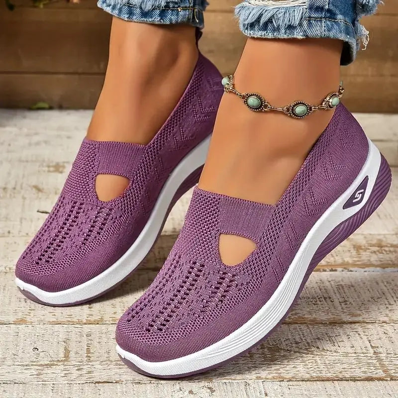 Sapatilhas de malha macia para mulheres, conforto respirável, calçados esportivos casuais, leves, ocas, sapatilhas de malha, verão