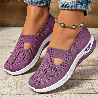 Sapatilhas de malha macia para mulheres, conforto respirável, calçados esportivos casuais, leves, ocas, sapatilhas de malha, verão