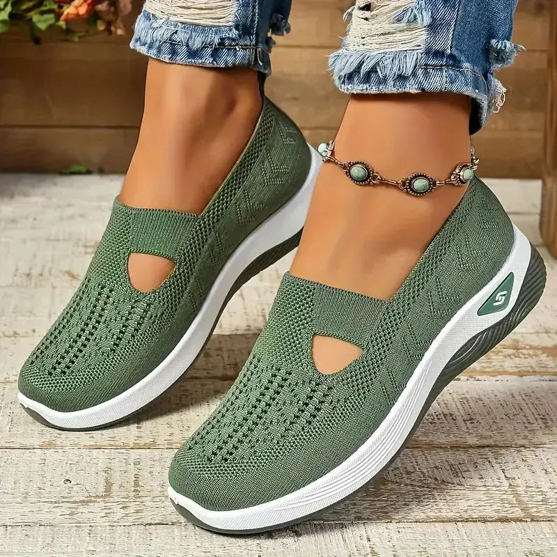 Sapatilhas de malha macia para mulheres, conforto respirável, calçados esportivos casuais, leves, ocas, sapatilhas de malha, verão