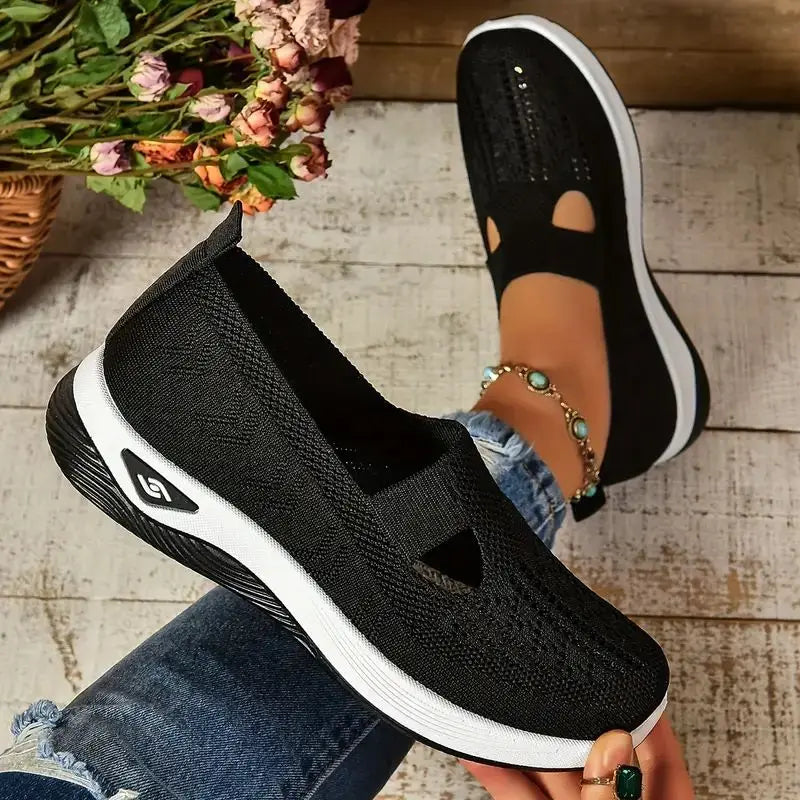 Sapatilhas de malha macia para mulheres, conforto respirável, calçados esportivos casuais, leves, ocas, sapatilhas de malha, verão