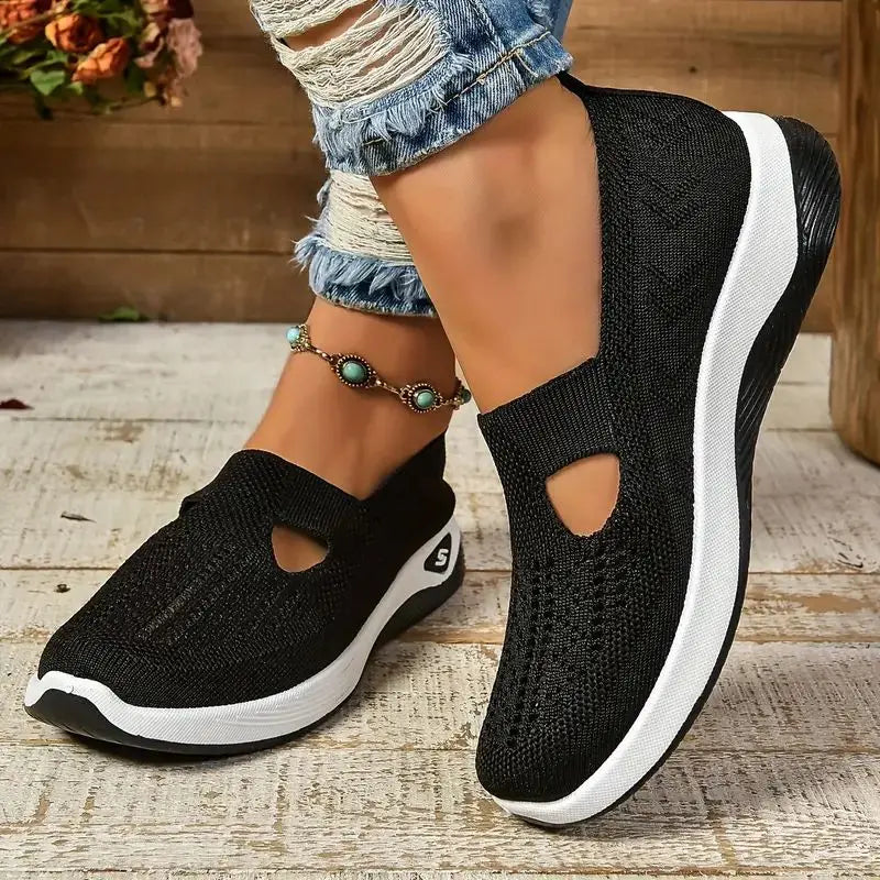 Sapatilhas de malha macia para mulheres, conforto respirável, calçados esportivos casuais, leves, ocas, sapatilhas de malha, verão