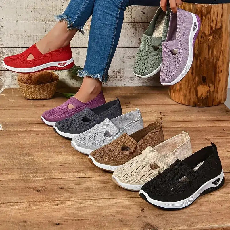 Sapatilhas de malha macia para mulheres, conforto respirável, calçados esportivos casuais, leves, ocas, sapatilhas de malha, verão
