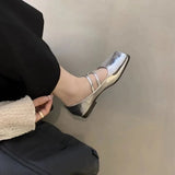 Sapato feminino de boca rasa quadrado toe, flat de fivela de uma palavra, sapato Mary Jane diário, moda primavera, 2024