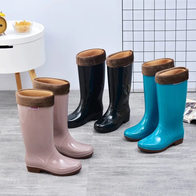 Women's Rain Shoes Casual PVC With Velvet Waterproof Non-slip Knee-high Boots New Fashion Tide For Reasons Botas De Mujer 