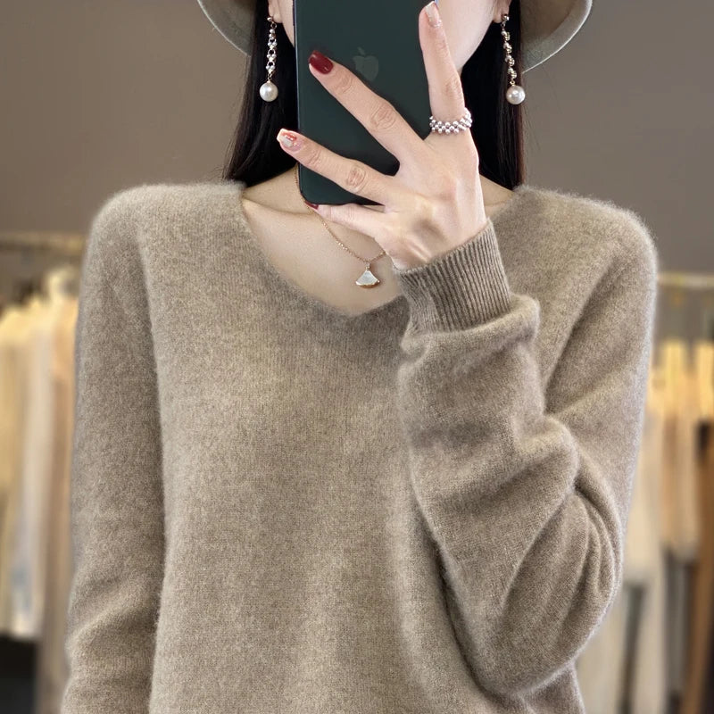 Suéter básico de otoño-invierno 2024 para mujer, 100 % lana merino, cuello en V, tejido de punto liso, jersey de oficina para mujer, manga larga, cachemir.