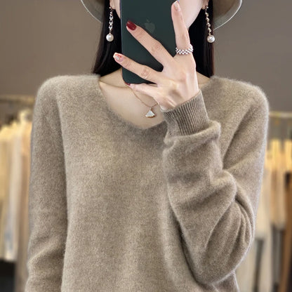 Suéter básico de otoño-invierno 2024 para mujer, 100 % lana merino, cuello en V, tejido de punto liso, jersey de oficina para mujer, manga larga, cachemir.