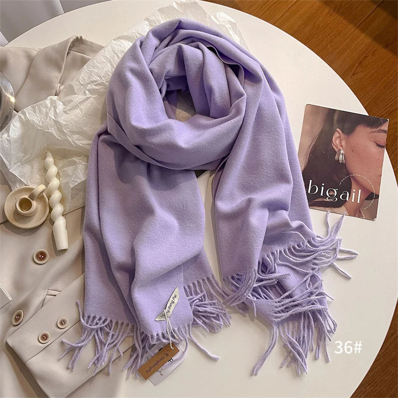 New Winer Warm Cashmere Scarf for Women Fashion Solid Thick Blanket Pashmina Shawl Wrap Female Bufanda Echarpe Foulard 2024