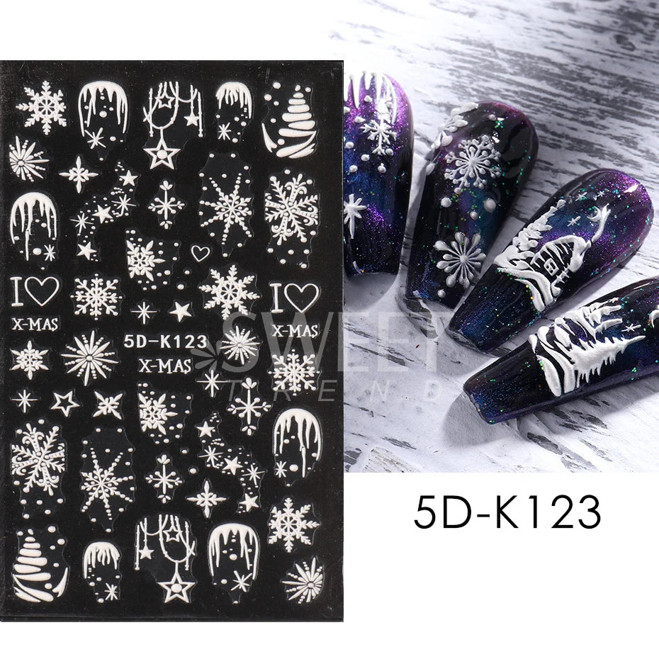 5D Red Christmas Nail Stickers Glitter Embossed Snowflake Gloves Feather Bulb Bells Winter Xmas DIY Engraved Manicure Decoration