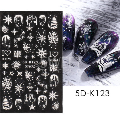 5D Red Christmas Nail Stickers Glitter Embossed Snowflake Gloves Feather Bulb Bells Winter Xmas DIY Engraved Manicure Decoration