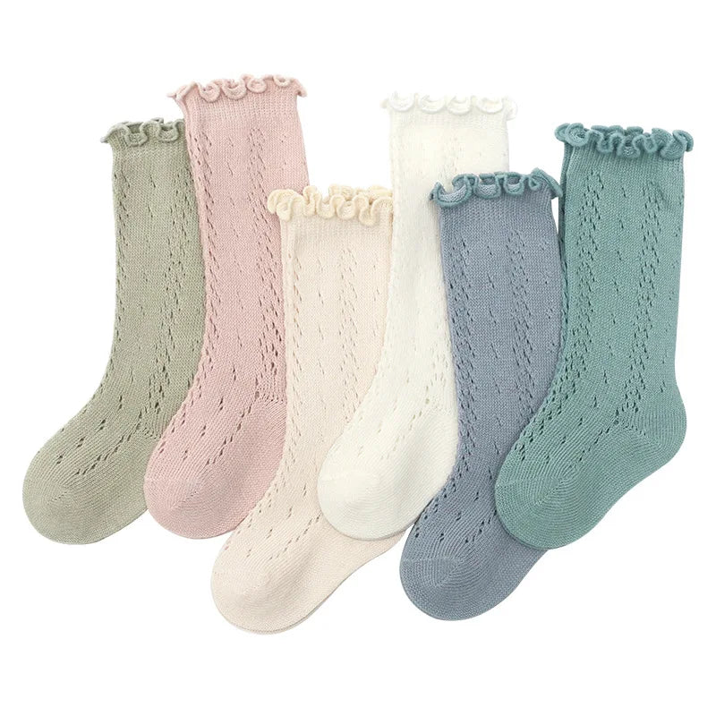 3 Pairs Baby Girls Socks Summer Solid Lace Knee High Frilly Sock Infant Newborn Toddler Soft Cotton Long Mesh Socken