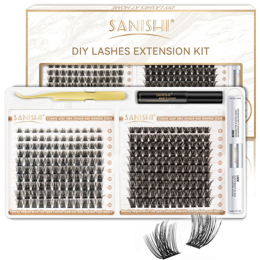 Kit de extensiones de pestañas Sanishi DIY - Rizador de pestañas natural de 240 mm, longitudes mixtas de 9 a 16 mm, extensiones de pestañas DIY 