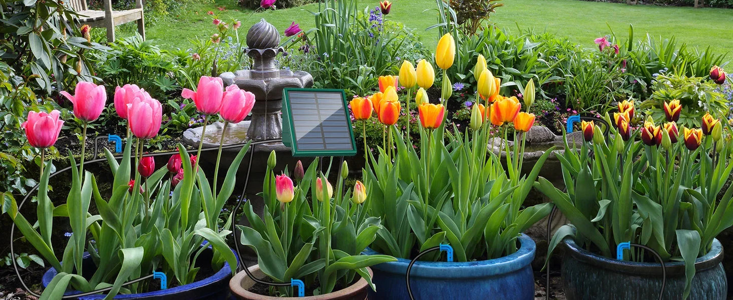 Sistema de riego solar para jardín y balcón. Sistema de riego automático por goteo. Sistema de riego de jardín DIY. Riego por goteo con manguera.