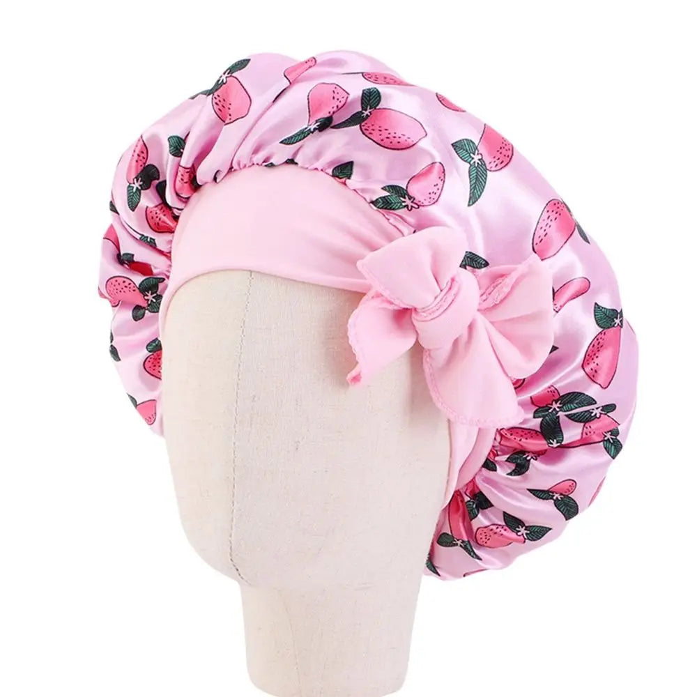 Kids Satin Bonnet Sleep Hat Silk Shower Cap for Child Hair Beanie At Night Boy Girls Flower Printed Silk Sleep Cap with Band Bow