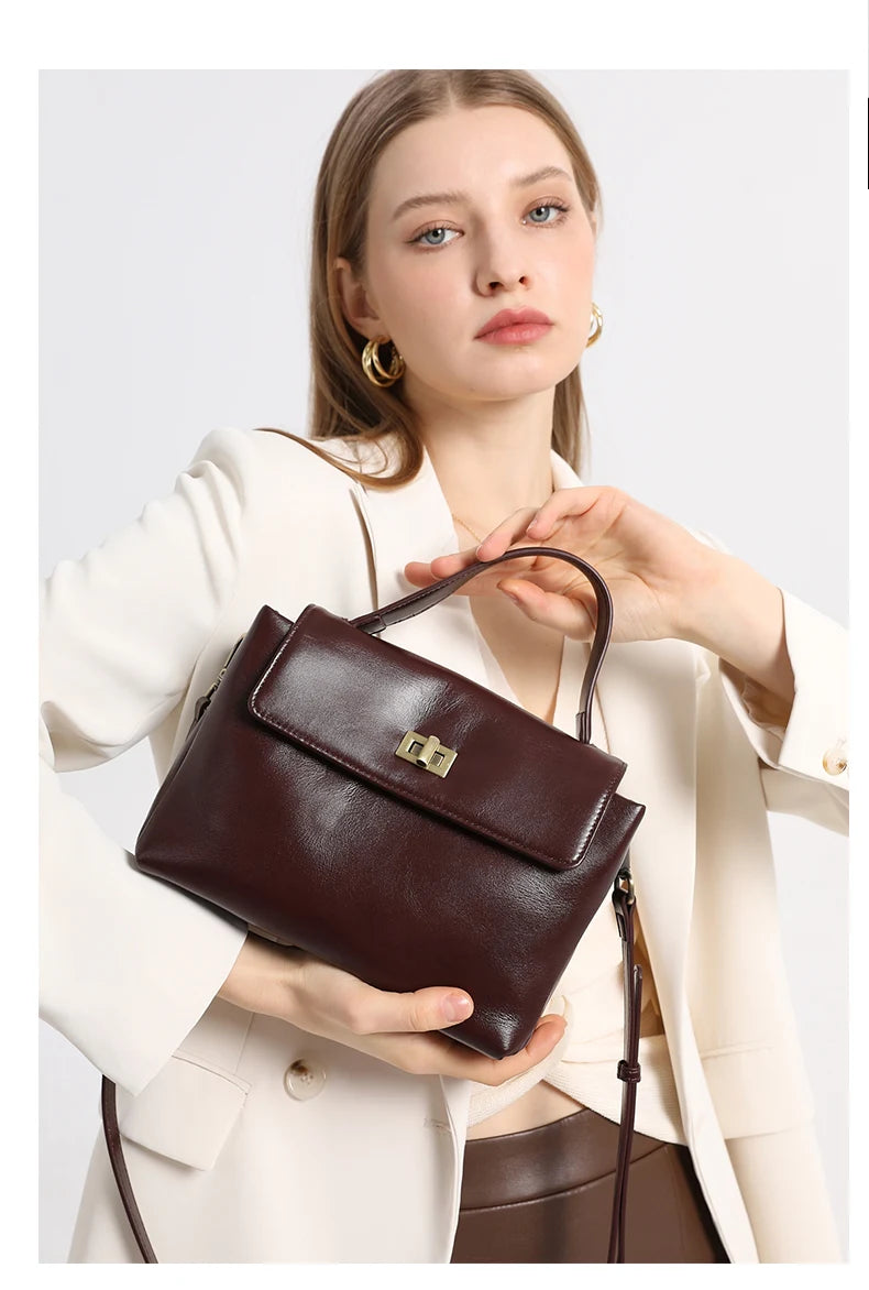 Genuine Leather Top Handle Crossbody Bag for Women Vintage Oil Wax Leather Shoulder Bag Small Luxury Designer Satchel Handbag
