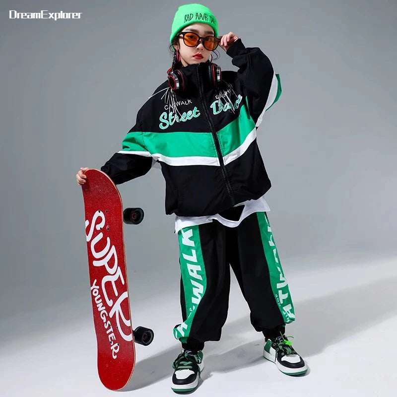 Hip Hop Girls Contrast Bomber Jacket Sport Pants Boys Street Dance Coat Streetwear Kids Jazz Clothes Set Children School Uniform