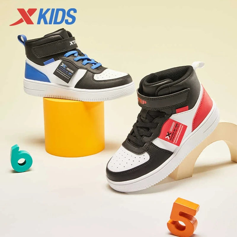 Xtep Kid's Skateboarding Shoes 2025 Spring Unisex Leather Fashion Casual Running Comfortable High-top Sneakers 676316319305