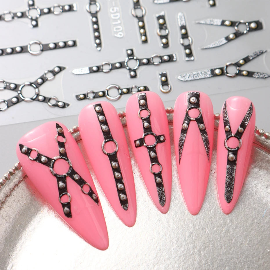 Cinturón negro 5D pegatinas en relieve gótico Halloween estilete calabaza calavera telaraña cremallera manicura uñas gel autoadhesivo decoración