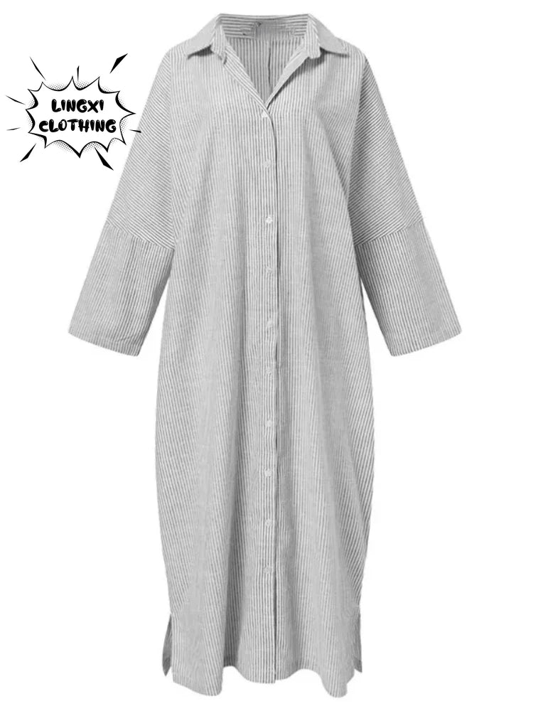 Plus size novo vestido feminino moda listra único breasted camisa solta estilo casual elegante feminino algodão cânhamo vestido longo