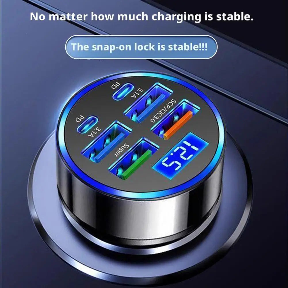 300W PD Car Charger 6 Ports Fast Charging QC3.0 USB C Car Phone Charger Type C Adapter Dual PD Super Fast with Digital Display