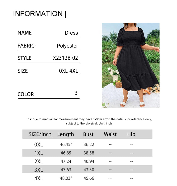Plus Size Women's Pure Color Wrap Ruffle Hem Midi Dress Square Neck Backless Short Sleeve Dress Elegant temperament