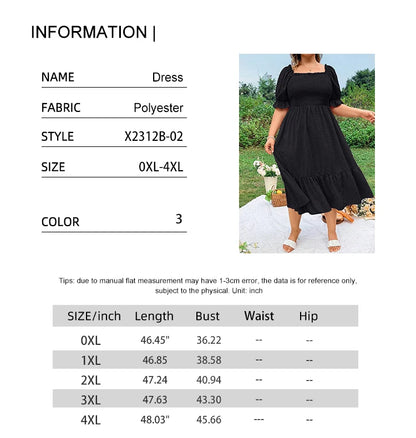 Plus Size Women's Pure Color Wrap Ruffle Hem Midi Dress Square Neck Backless Short Sleeve Dress Elegant temperament