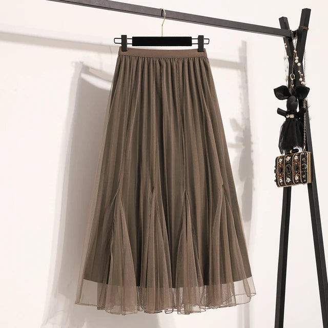 Casual High Waist Loose Knitted Long A-line Pleated Skirt Korean Fashion Streetwear Chic Basic Autumn Winter Plus Size Clothing 