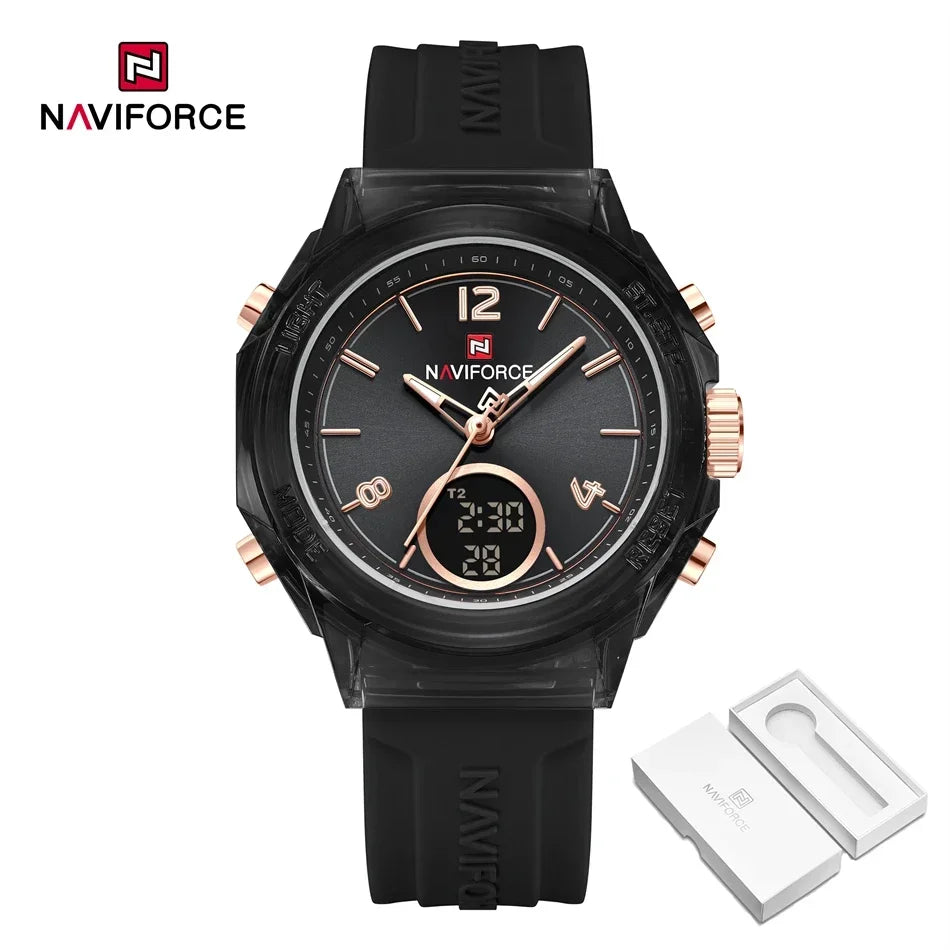 Relojes NAVIFORCE para mujer, nuevo diseño, esfera pequeña, deportivos, para mujer, resistente al agua hasta 5 ATM, reloj de pulsera de cuarzo con pantalla LCD digital, reloj para mujer