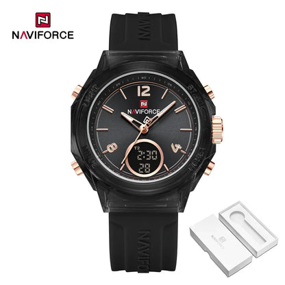 Relojes NAVIFORCE para mujer, nuevo diseño, esfera pequeña, deportivos, para mujer, resistente al agua hasta 5 ATM, reloj de pulsera de cuarzo con pantalla LCD digital, reloj para mujer