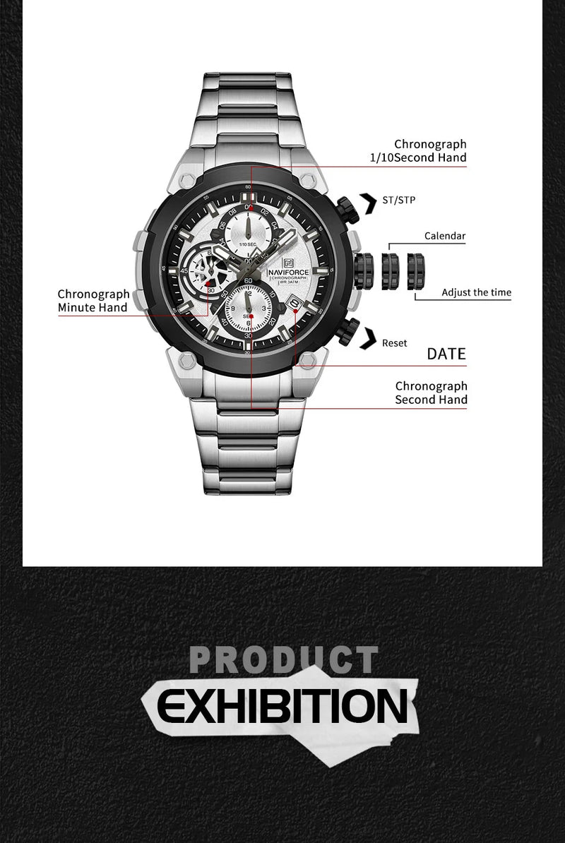 NAVIFORCE Original Watch for man 2025 New Stainless Steel Waterproof Chronograph Classic Quartz Wristwatch Brand Men Watch Gifts