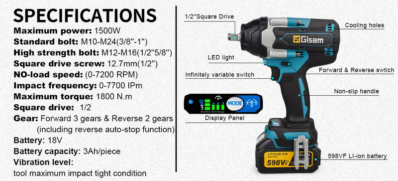 Gisam 1800N.M Torque Brushless Electric Impact Wrench 1/2 inch Screwdriver Cordless Wrench Power Tool For Makita 18V Battery Pin