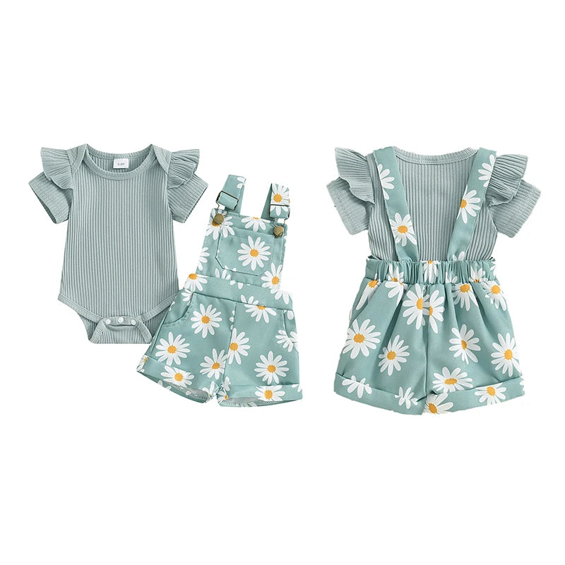 Pudcoco Infant Baby Girls Shorts Set, Short Sleeve Romper with Flower Print Suspender Shorts Summer Outfit 0-18M