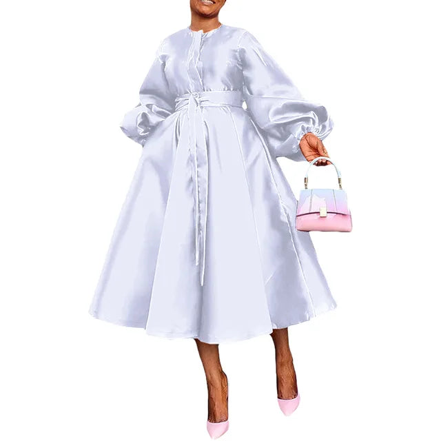 Women's Satin Lantern Sleeve Maxi Dress, Button Down Shirt, Elegant, Evening, Wedding, Long, Party, Monochrome 